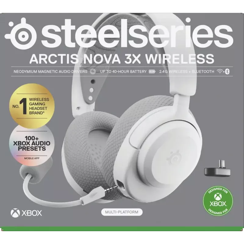 Ausinės STEELSERIES Arctis Nova 3X Wireless — binauralinės ant ausies dedamos ausinės, Bluetooth 5.3, 2,4 GHz RF, 40 val. baterija, USB-C