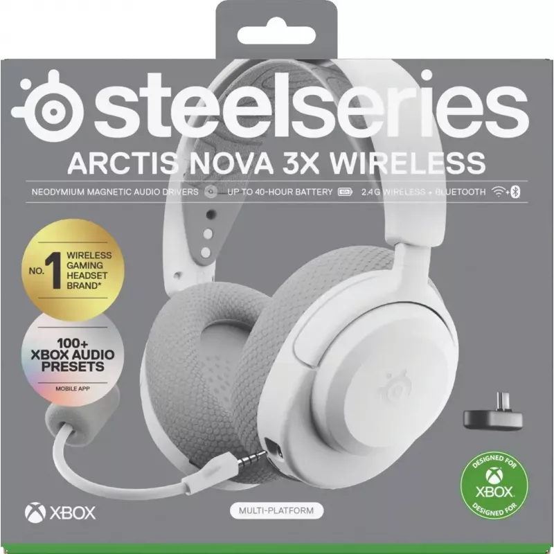 Ausinės STEELSERIES Arctis Nova 3X Wireless — binauralinės ant ausies dedamos ausinės, Bluetooth 5.3, 2,4 GHz RF, 40 val. baterija, USB-C