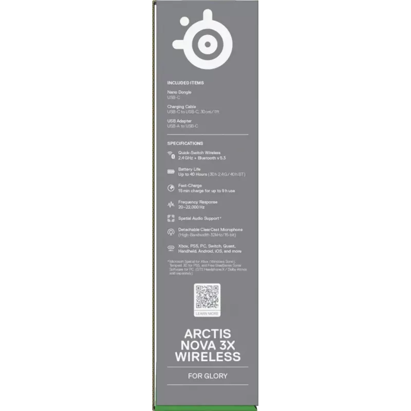 Ausinės STEELSERIES Arctis Nova 3X Wireless — binauralinės ant ausies dedamos ausinės, Bluetooth 5.3, 2,4 GHz RF, 40 val. baterija, USB-C