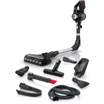 Stick vacuum Bosch BCS711PET — belaidis 18 V, 40 min veikimo laikas, 0,3 L be maišelio, kietoms grindims ir kilimams, raudona/juoda
