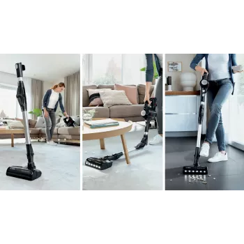 Stick vacuum Bosch BCS711PET — belaidis 18 V, 40 min veikimo laikas, 0,3 L be maišelio, kietoms grindims ir kilimams, raudona/juoda