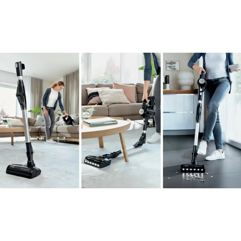 Stick vacuum Bosch BCS711PET — belaidis 18 V, 40 min veikimo laikas, 0,3 L be maišelio, kietoms grindims ir kilimams, raudona/juoda