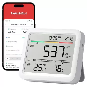 CO2 monitorius Switchbot Meter Pro — CO2, temperatūros ir drėgmės matavimas, LCD, baterija (AA), ABS korpusas, 5 V, temperatūros diapazonas -20–80°C