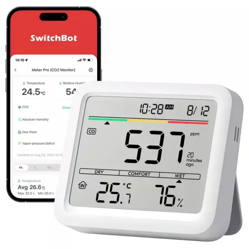 CO2 monitorius Switchbot Meter Pro — CO2, temperatūros ir drėgmės matavimas, LCD, baterija (AA), ABS korpusas, 5 V, temperatūros diapazonas -20–80°C