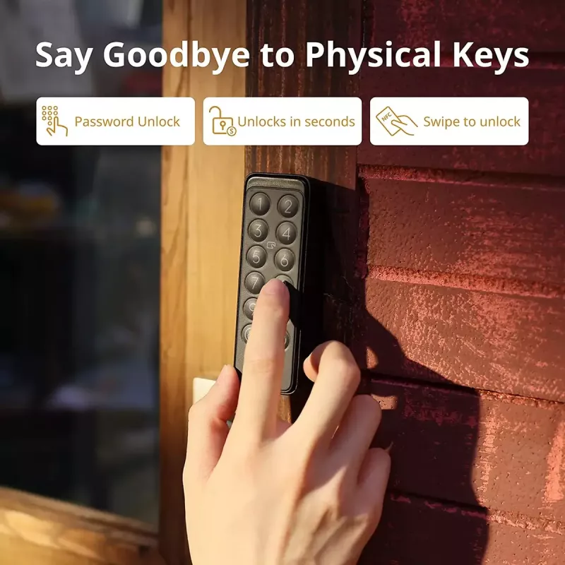 Išmaniojo durų užrakto SwitchBot Keypad Touch klaviatūra – prieiga kodais ir pirštų atspaudais, juoda, CR123A baterijos, belaidė, 38×36×112 mm