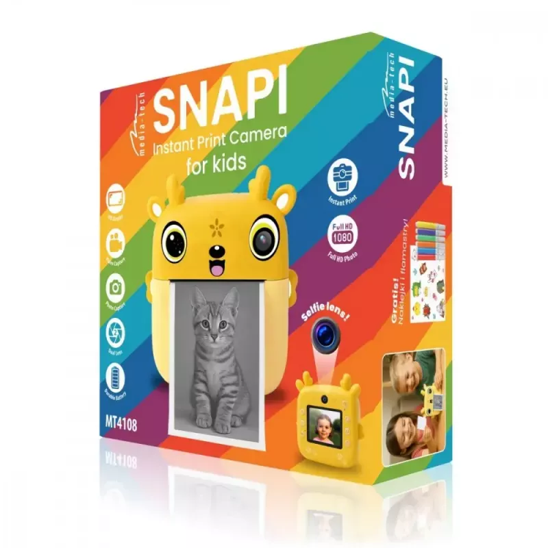 Vaikų skaitmeninis fotoaparatas MEDIA-TECH SNAPI MT4108 — 8 MP interpoliuota, 1280x720 LCD, 1000 mAh, USB-C, microSD lizdas, geltona