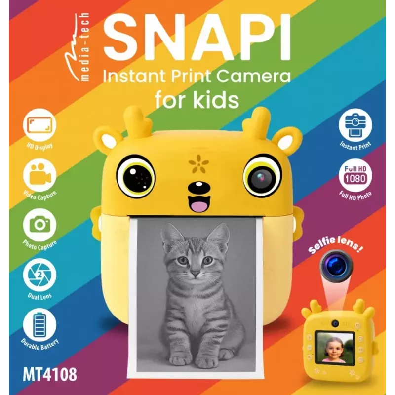 Vaikų skaitmeninis fotoaparatas MEDIA-TECH SNAPI MT4108 — 8 MP interpoliuota, 1280x720 LCD, 1000 mAh, USB-C, microSD lizdas, geltona