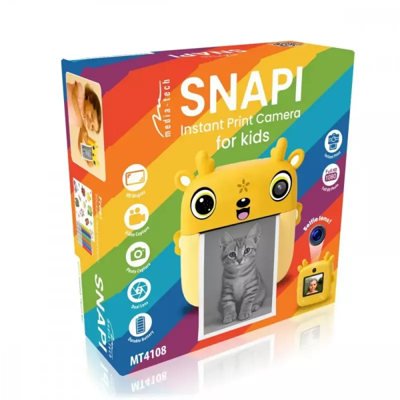Vaikų skaitmeninis fotoaparatas MEDIA-TECH SNAPI MT4108 — 8 MP interpoliuota, 1280x720 LCD, 1000 mAh, USB-C, microSD lizdas, geltona