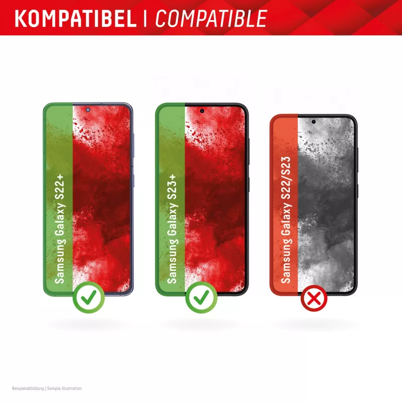 Displex ekrano apsauginis stiklas (10H), skirtas „Samsung Galaxy S22+/S23+“, su EASY-ON® Eco montavimo rėmeliu, atsparus įbrėžimams