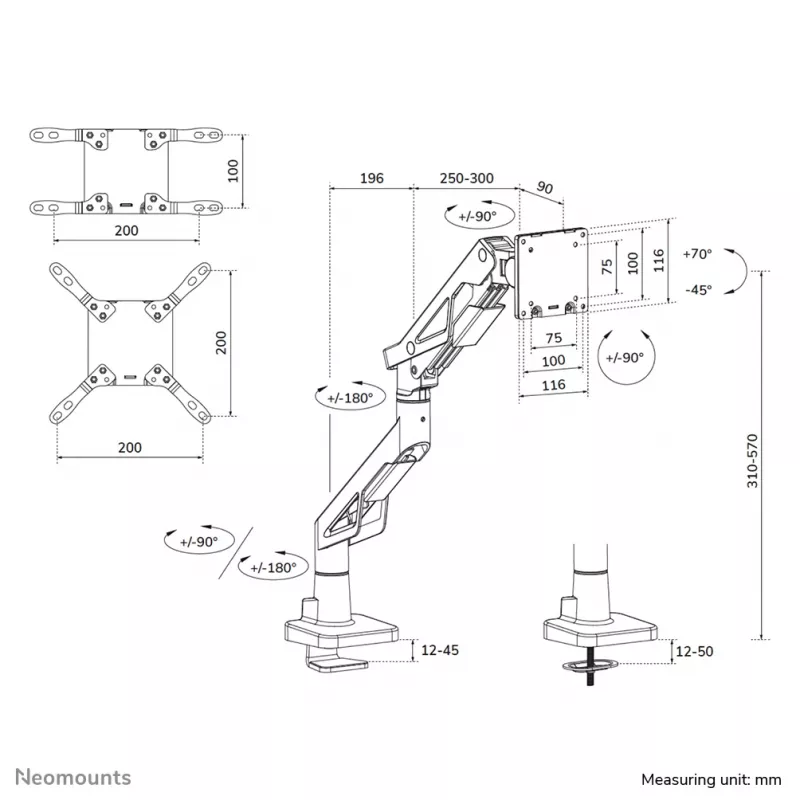 Neomounts DS70-256BL1 žaidimų monitoriaus laikiklis 24–57 colių ekranams, dujinė spyruoklė, Topfix, 30 kg talpa, VESA 75–200 mm