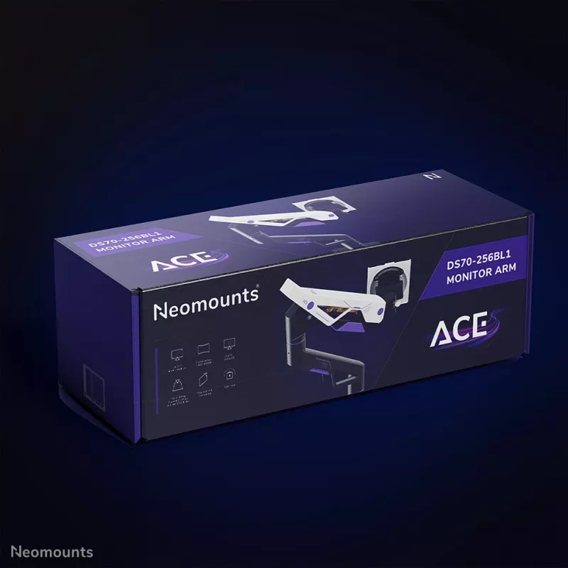 Neomounts DS70-256BL1 žaidimų monitoriaus laikiklis 24–57 colių ekranams, dujinė spyruoklė, Topfix, 30 kg talpa, VESA 75–200 mm