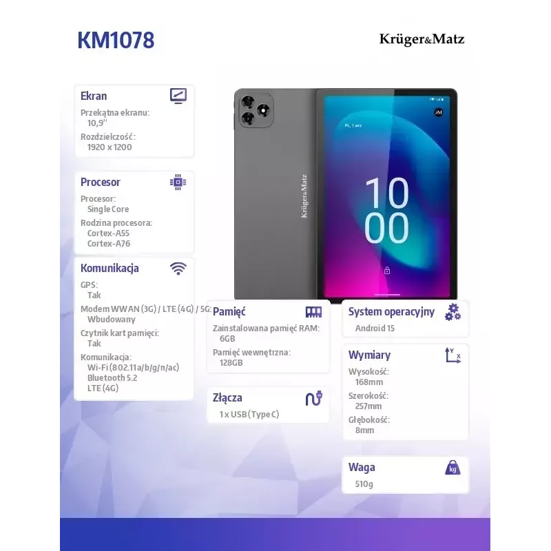 Planšetinis kompiuteris Kruger & Matz KM1078S 10,1 colio Ekranas 4G LTE keturių branduolių 2 GB RAM 32 GB atminties Android