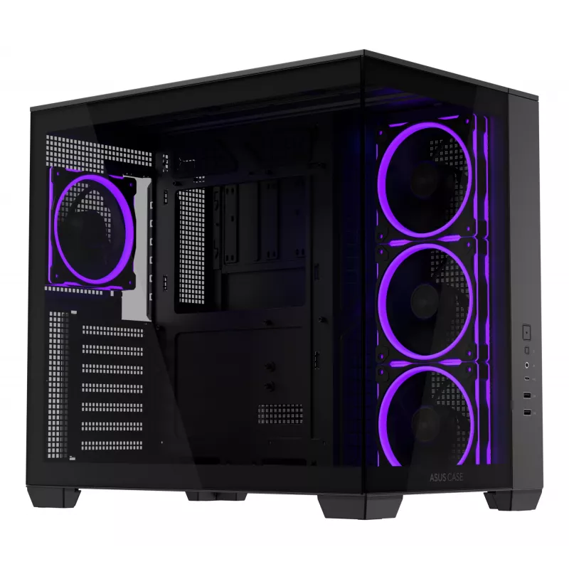 PC korpusas ASUS A32 PLUS ATX, juodas — grūdintas stiklas, RGB ventiliatoriai, USB-C, palaiko ATX/Micro-ATX/Mini-ITX