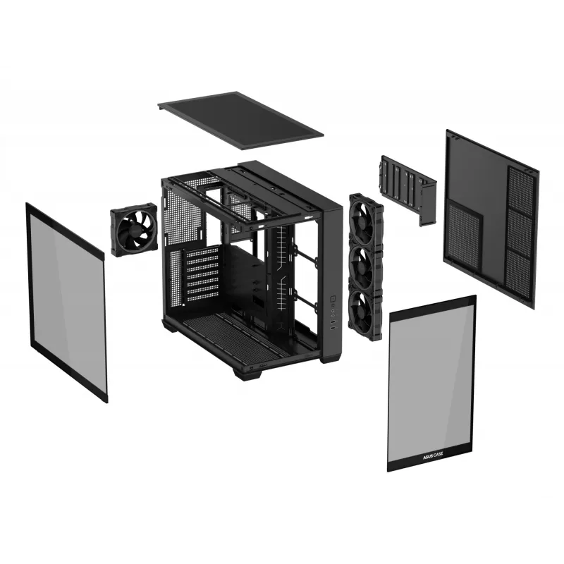 PC korpusas ASUS A32 PLUS ATX, juodas — grūdintas stiklas, RGB ventiliatoriai, USB-C, palaiko ATX/Micro-ATX/Mini-ITX