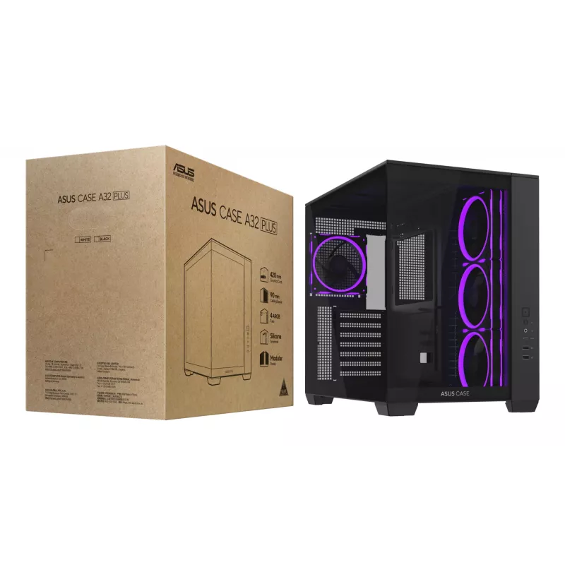 PC korpusas ASUS A32 PLUS ATX, juodas — grūdintas stiklas, RGB ventiliatoriai, USB-C, palaiko ATX/Micro-ATX/Mini-ITX