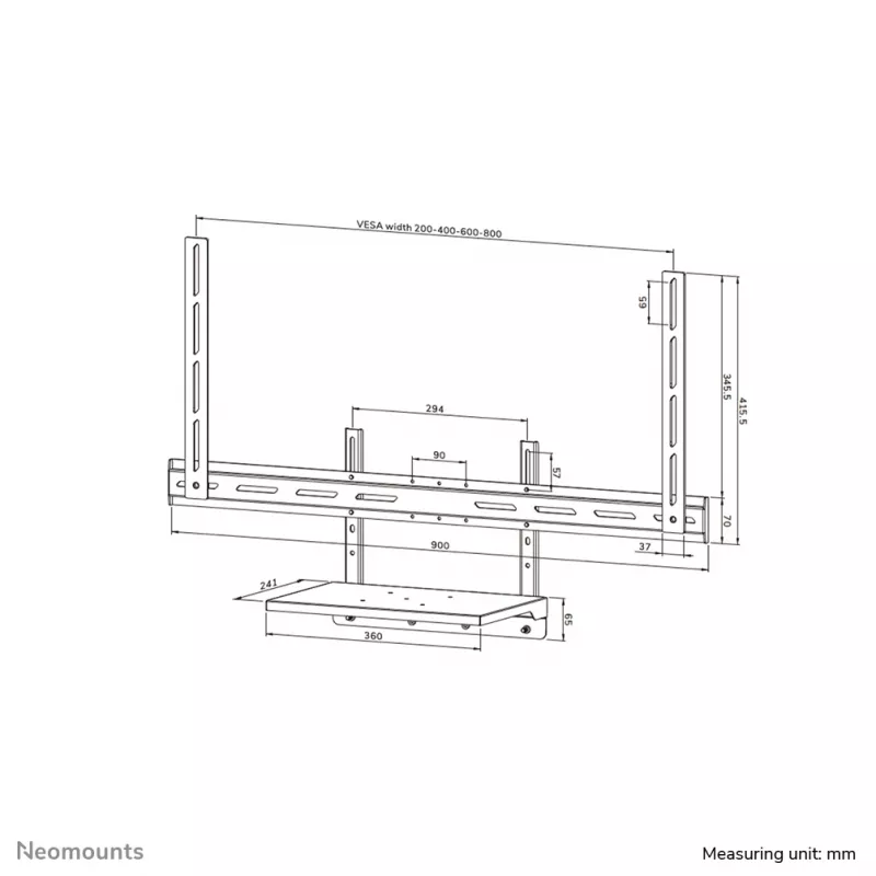 Neomounts nešiojamojo kompiuterio lentynos rinkinys AV45-500BL 43–110 colių ekranams, VESA iki 600x400, maks. 2,5 kg, 900×242×640 mm
