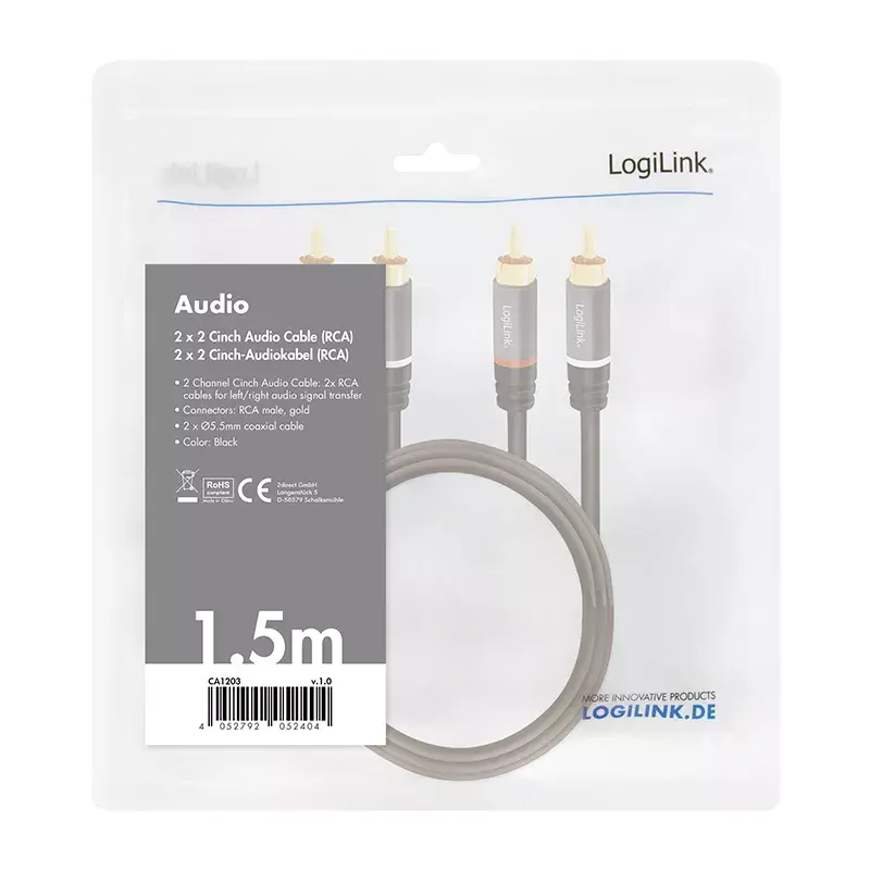 Audio kabelis LogiLink CA1203 1,5 m 2xRCA Juoda