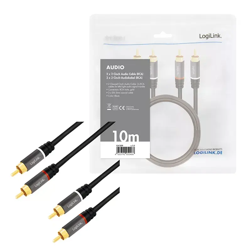 Audio kabelis LogiLink CA1209 10m 2xRCA juodas