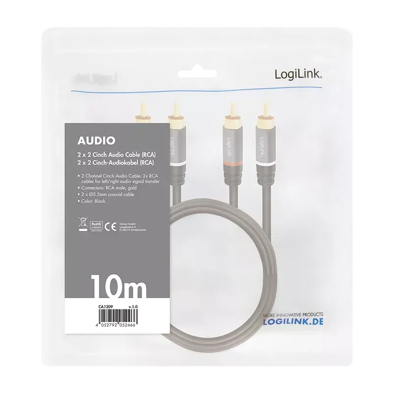 Audio kabelis LogiLink CA1209 10m 2xRCA juodas