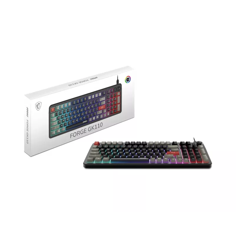 Klaviatūra MSI Forge GK110 — Viso dydžio (100 %), USB laidinė, QWERTY JAV anglų, membraninė, RGB apšvietimas, 97 klavišai, juoda