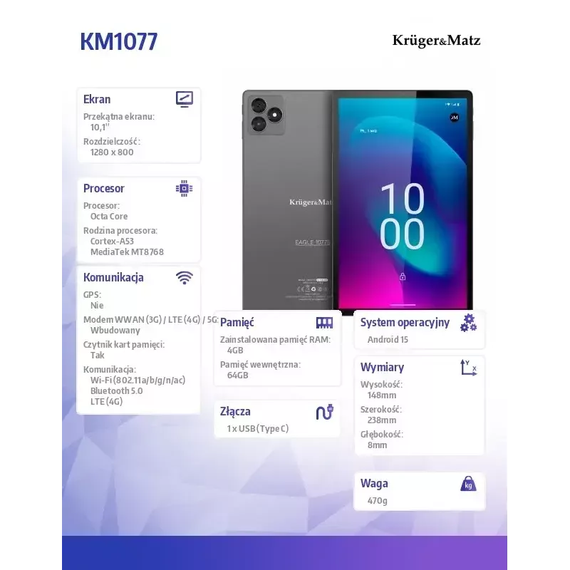Planšetinis kompiuteris Kruger & Matz KM1077 10.1 colio ekranas keturių branduolių 4 GB RAM 64 GB atmintis Android