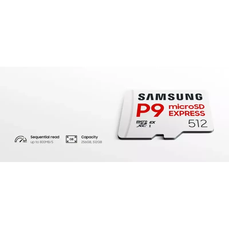 „microSDXC“ atminties kortelė „Samsung P9 Express“ 256 GB – UHS-I, skaitymo greitis 800 MB/s, V30, U1, patvari