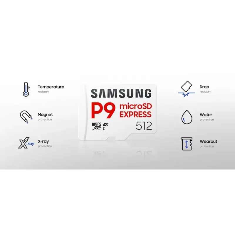 „microSDXC“ atminties kortelė „Samsung P9 Express“ 256 GB – UHS-I, skaitymo greitis 800 MB/s, V30, U1, patvari