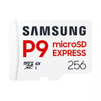 „microSDXC“ atminties kortelė „Samsung P9 Express“ 256 GB – UHS-I, skaitymo greitis 800 MB/s, V30, U1, patvari
