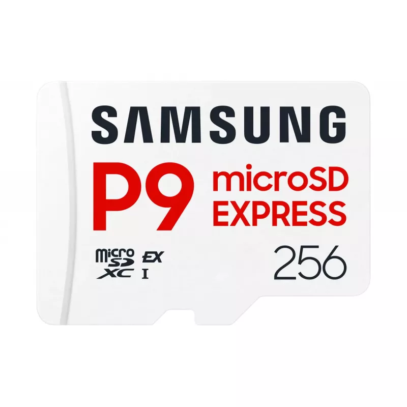„microSDXC“ atminties kortelė „Samsung P9 Express“ 256 GB – UHS-I, skaitymo greitis 800 MB/s, V30, U1, patvari
