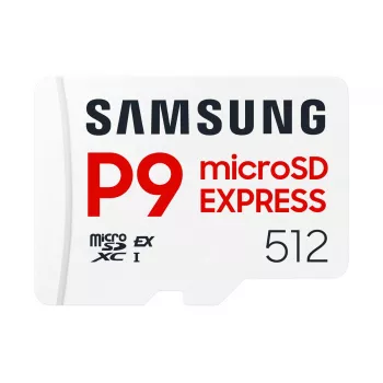 „Samsung P9 Express“ „microSDXC“ atminties kortelė, 512 GB, UHS-I, skaitymo greitis 800 MB/s, V30, U1, balta