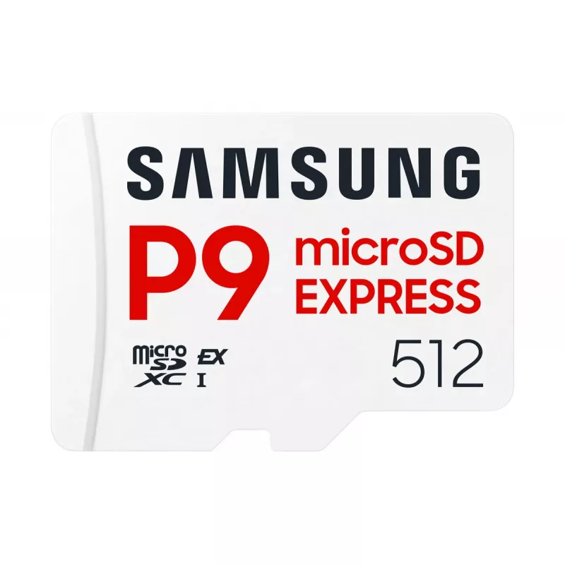 „Samsung P9 Express“ „microSDXC“ atminties kortelė, 512 GB, UHS-I, skaitymo greitis 800 MB/s, V30, U1, balta