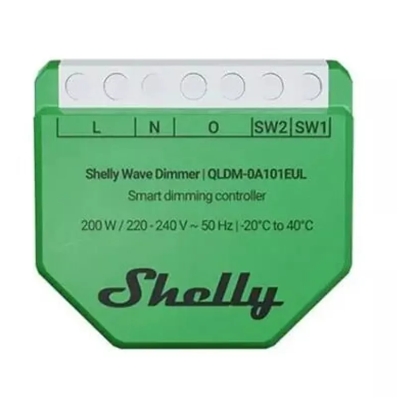 Shelly Wave Dimmer EU LR išmanusis reguliatoriaus valdiklis — 2 kanalų, be nulinio laido, 220–240 V, LED iki 150 W, kaitrinės iki 200 W, 864–868,4 MHz