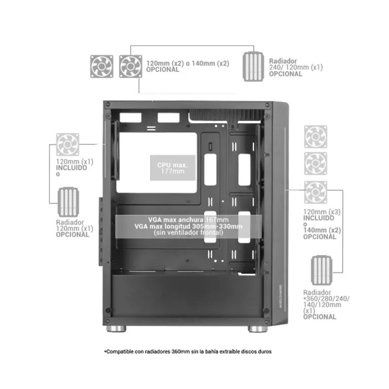 Mars Gaming MC-F Juoda, ATX Gaming Semitower, Pilnas grūdinto stiklo langas, Metalo tinklelio priekinė dalis, 4x 120mm ARGB ventiliatoriai