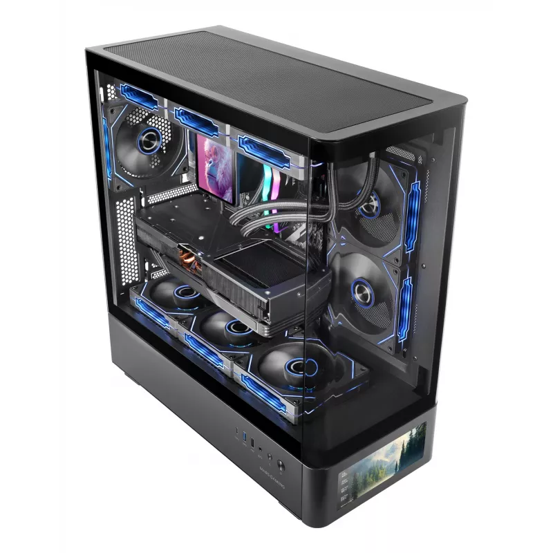 PC korpusas TACENS Mars Gaming MCLCDPRO Midi Tower — juodas, IPS 7,2 col. ekranas, apačioje montuojamas PSU, ATX/Micro‑ATX/Mini‑ITX palaikymas