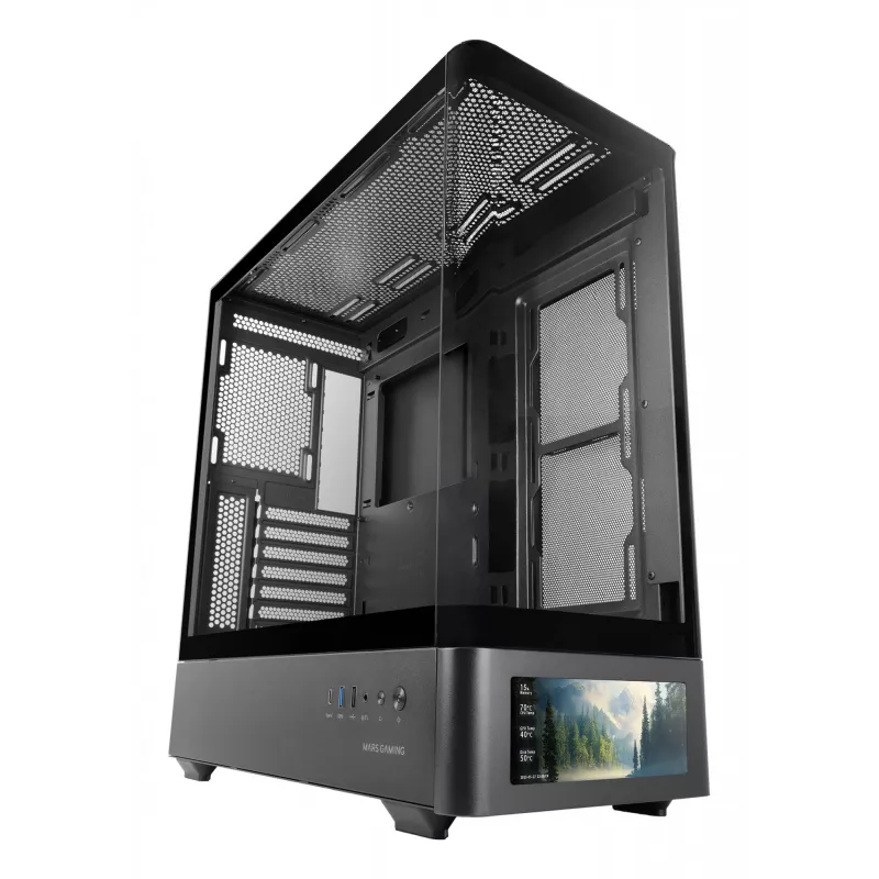 PC korpusas TACENS Mars Gaming MCLCDPRO Midi Tower — juodas, IPS 7,2 col. ekranas, apačioje montuojamas PSU, ATX/Micro‑ATX/Mini‑ITX palaikymas