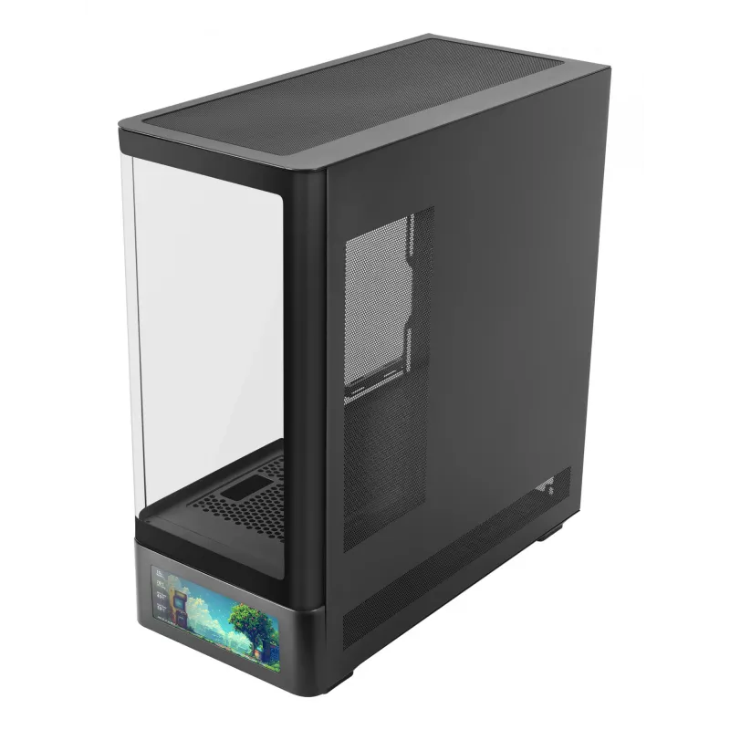 PC korpusas TACENS Mars Gaming MCLCDPRO Midi Tower — juodas, IPS 7,2 col. ekranas, apačioje montuojamas PSU, ATX/Micro‑ATX/Mini‑ITX palaikymas