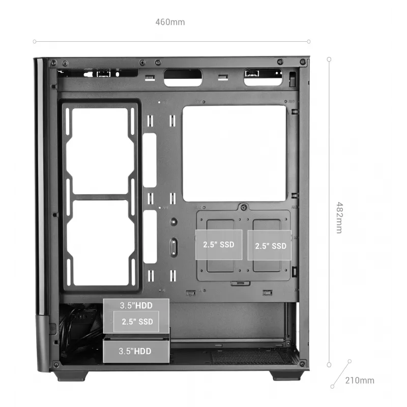 PC korpusas TACENS Mars Gaming MCLCDPRO Midi Tower — juodas, IPS 7,2 col. ekranas, apačioje montuojamas PSU, ATX/Micro‑ATX/Mini‑ITX palaikymas