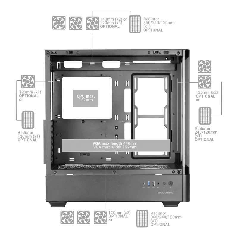 PC korpusas TACENS Mars Gaming MCLCDPRO Midi Tower — juodas, IPS 7,2 col. ekranas, apačioje montuojamas PSU, ATX/Micro‑ATX/Mini‑ITX palaikymas