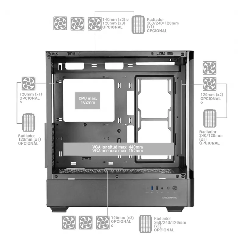 PC korpusas TACENS Mars Gaming MCLCDPRO Midi Tower — juodas, IPS 7,2 col. ekranas, apačioje montuojamas PSU, ATX/Micro‑ATX/Mini‑ITX palaikymas