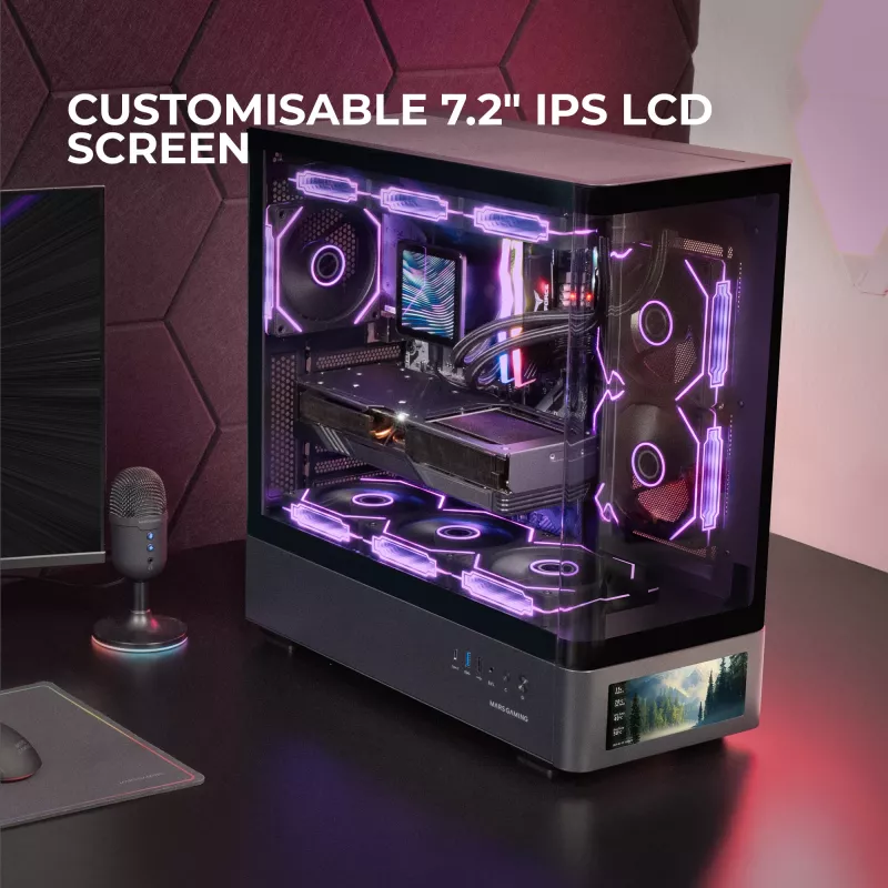 PC korpusas TACENS Mars Gaming MCLCDPRO Midi Tower — juodas, IPS 7,2 col. ekranas, apačioje montuojamas PSU, ATX/Micro‑ATX/Mini‑ITX palaikymas