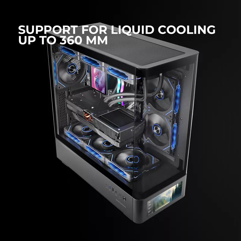 PC korpusas TACENS Mars Gaming MCLCDPRO Midi Tower — juodas, IPS 7,2 col. ekranas, apačioje montuojamas PSU, ATX/Micro‑ATX/Mini‑ITX palaikymas