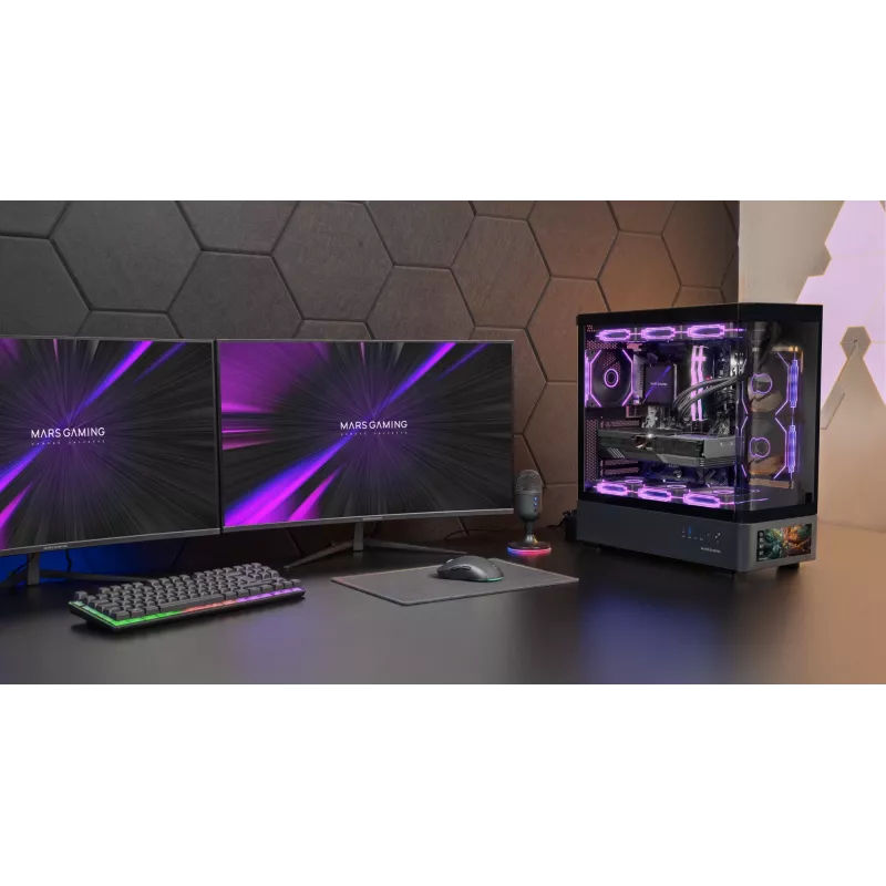 PC korpusas TACENS Mars Gaming MCLCDPRO Midi Tower — juodas, IPS 7,2 col. ekranas, apačioje montuojamas PSU, ATX/Micro‑ATX/Mini‑ITX palaikymas