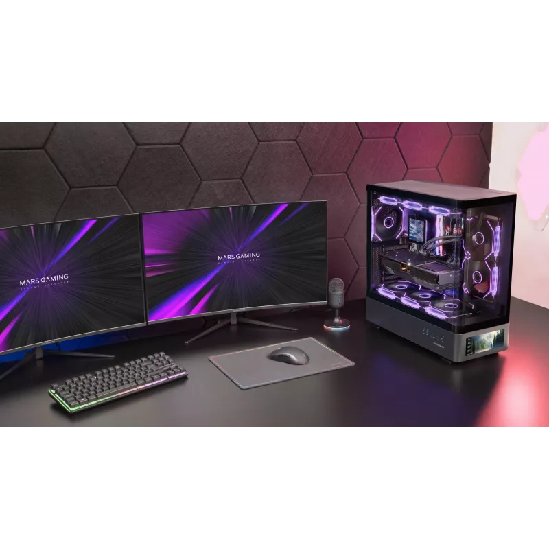 PC korpusas TACENS Mars Gaming MCLCDPRO Midi Tower — juodas, IPS 7,2 col. ekranas, apačioje montuojamas PSU, ATX/Micro‑ATX/Mini‑ITX palaikymas