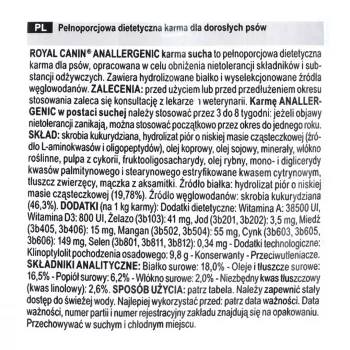 Sausas šunų maistas Royal Canin Anallergenic 8 kg — suaugusiems, hipoalerginė paukštienos formulė, be glitimo, be laktozės