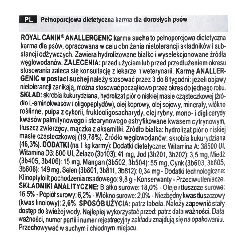 Sausas šunų maistas Royal Canin Anallergenic 8 kg — suaugusiems, hipoalerginė paukštienos formulė, be glitimo, be laktozės