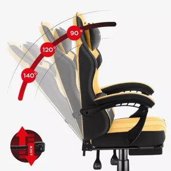 Žaidimų kėdė huzaro Force 3.7 — ergonominė aukšta nugara pasukama kėdė, geltona sėdynė, reguliuojami porankiai, aukštis 107,5–116,5 cm