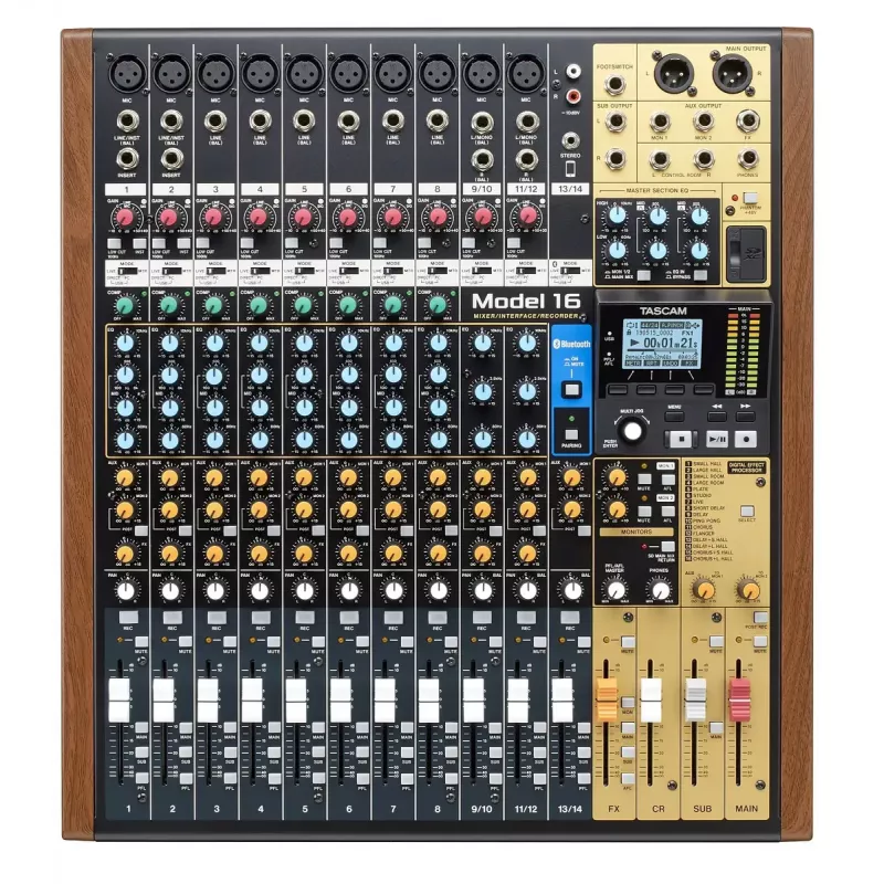 Garso maišytuvas Tascam MODEL 16 — 16 kanalų, 24 bitų DSP, 44,1/48 kHz, Bluetooth 5.0, USB Type-B, SD kortelių skaitytuvas