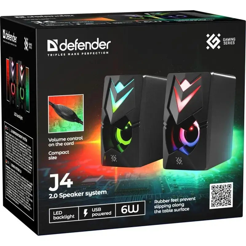 Kompiuterinės kolonėlės DEFENDER J4 2.0 6W LED USB, 3,5 mm, 90–20000 Hz, juodos