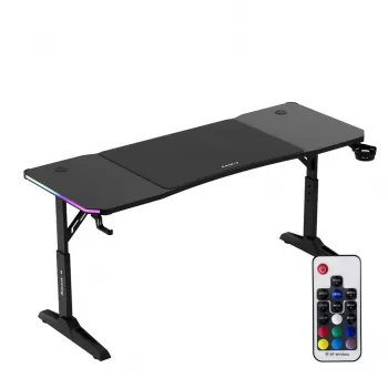 Žaidimų stalas huzaro Hero 4.6 RGB — juodas stačiakampis stalviršis 1600×600 mm, aukštis 560–790 mm, H formos kojos, RGB apšvietimas