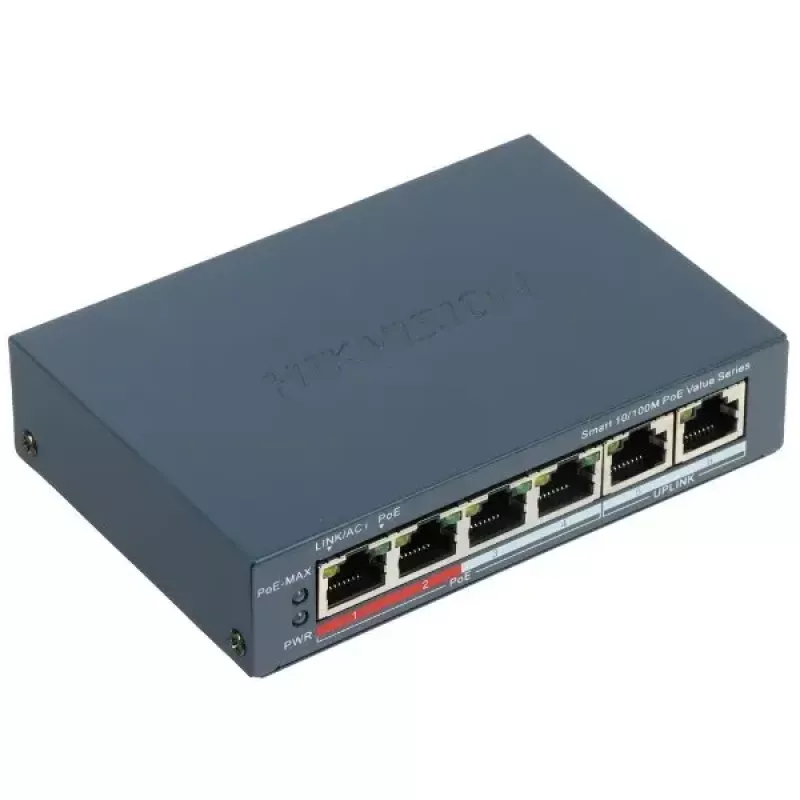 Tinklo komutatorius Hikvision DS-3E1106P-EI — 6 prievadų PoE eterneto komutatorius, nevaldomas, 10/100 Mbps